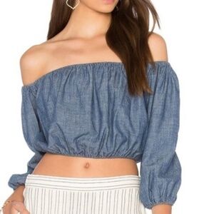 Theory Waleska Chambray Denim Off Shoulder Crop Top - Small - New With Tags